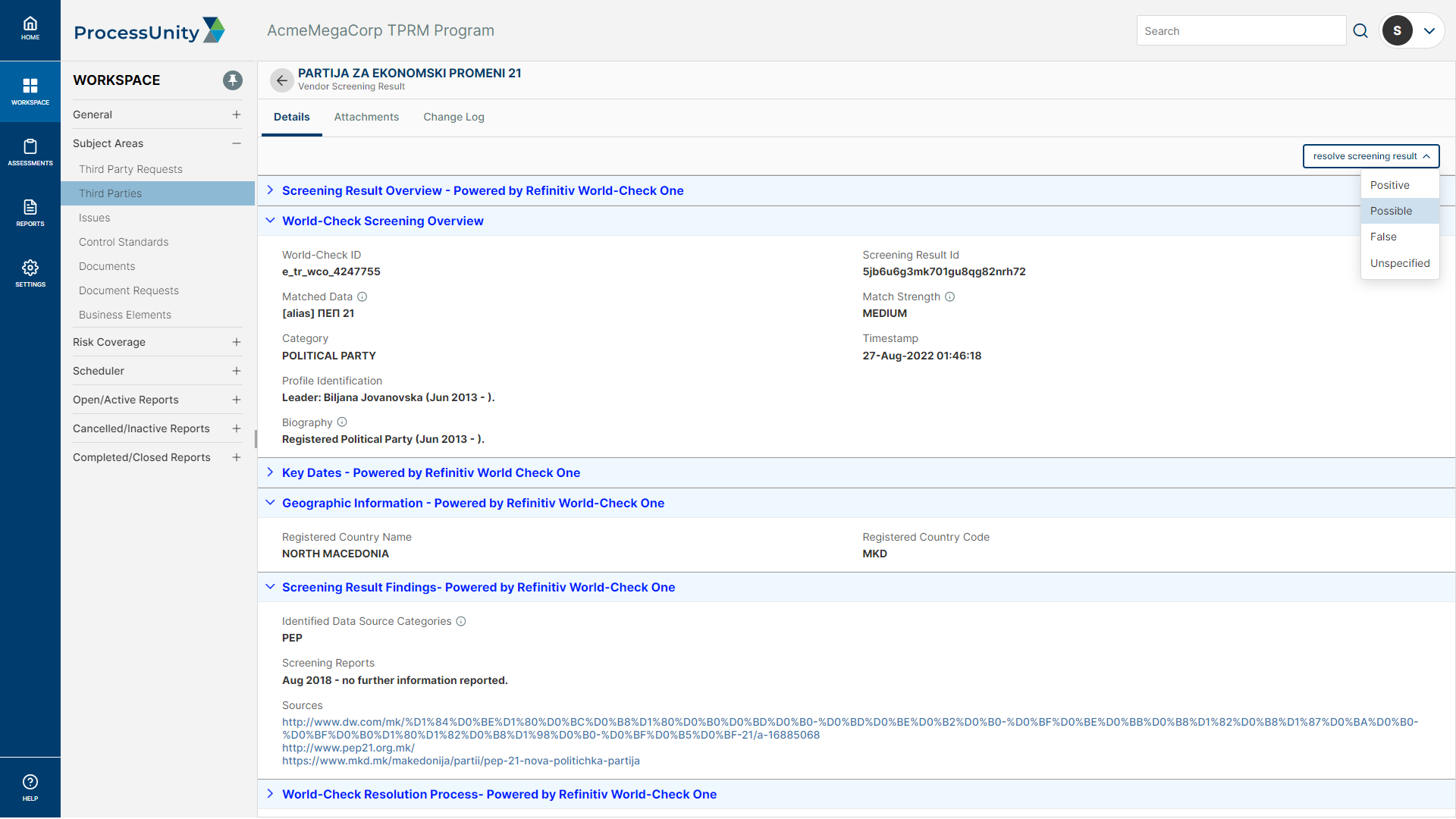 Vendor Screening Intelligence with Refinitiv - WorldCheck Result