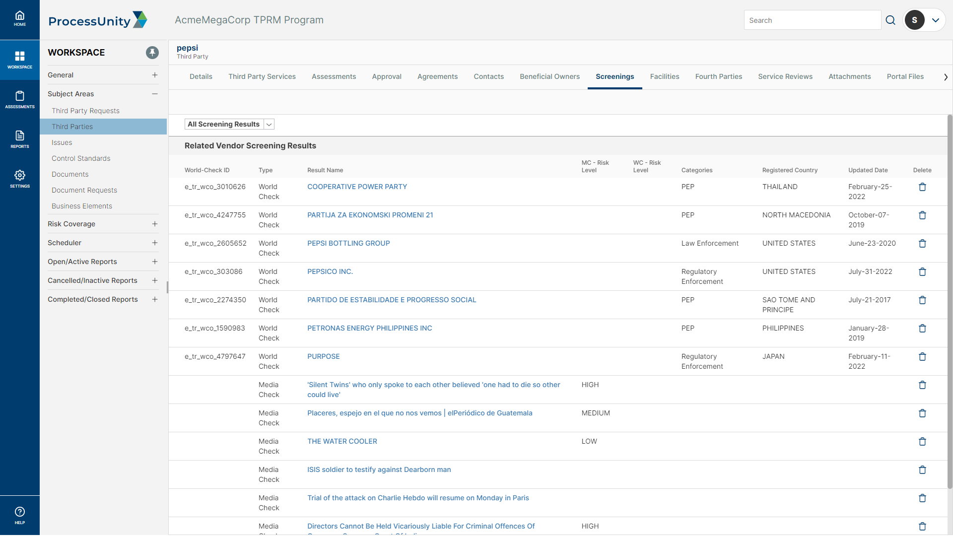 Vendor Screening Intelligence World-Check One Results