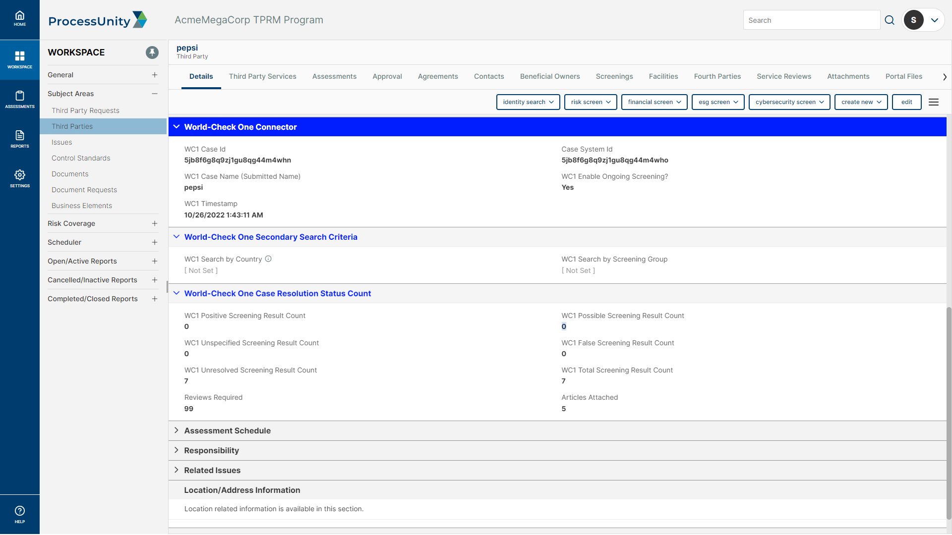 Vendor Screening Intelligence Third-Party Profile